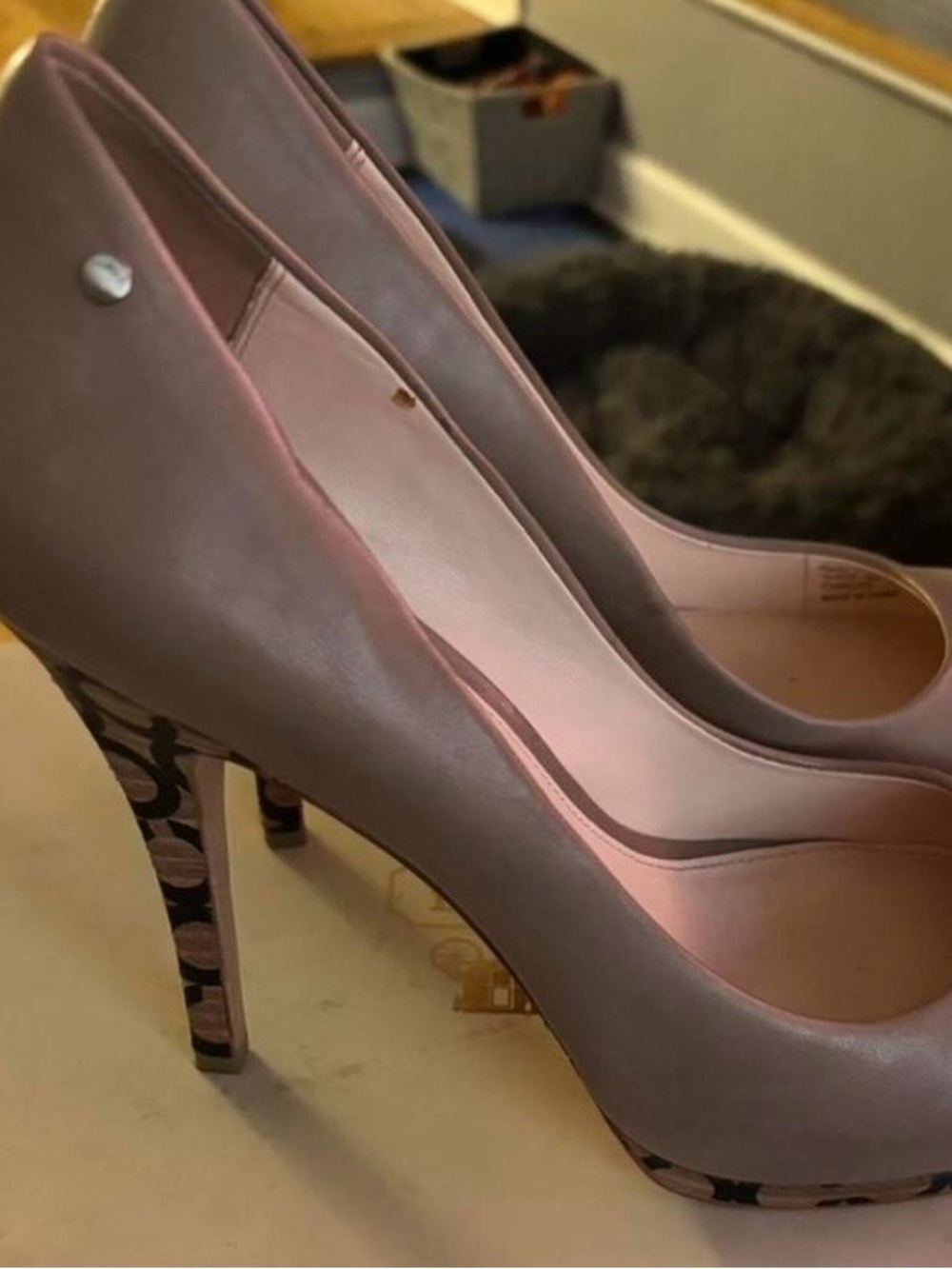Coach Taupe Leather Platform Pumps with Signature Patterned Heel
